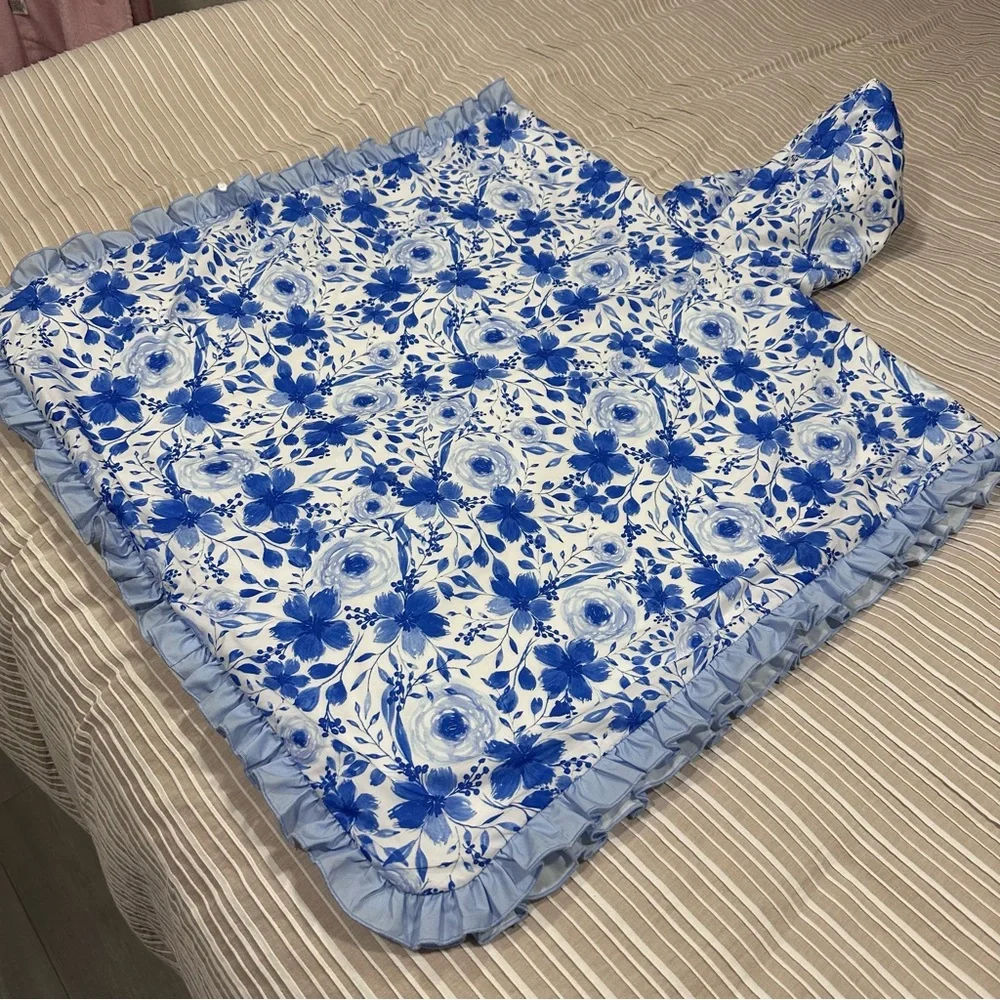 Southern Saint Smocks Blue Floral Ruffles Smocked hooded towel Luna monogram